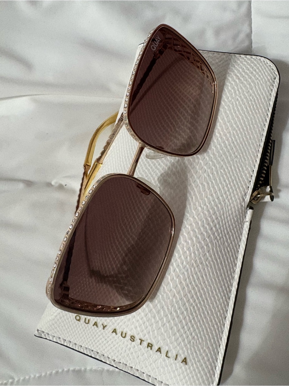 Quay Australia Gold Frame Brown Lens Sunglasses with Rhinestone Trim